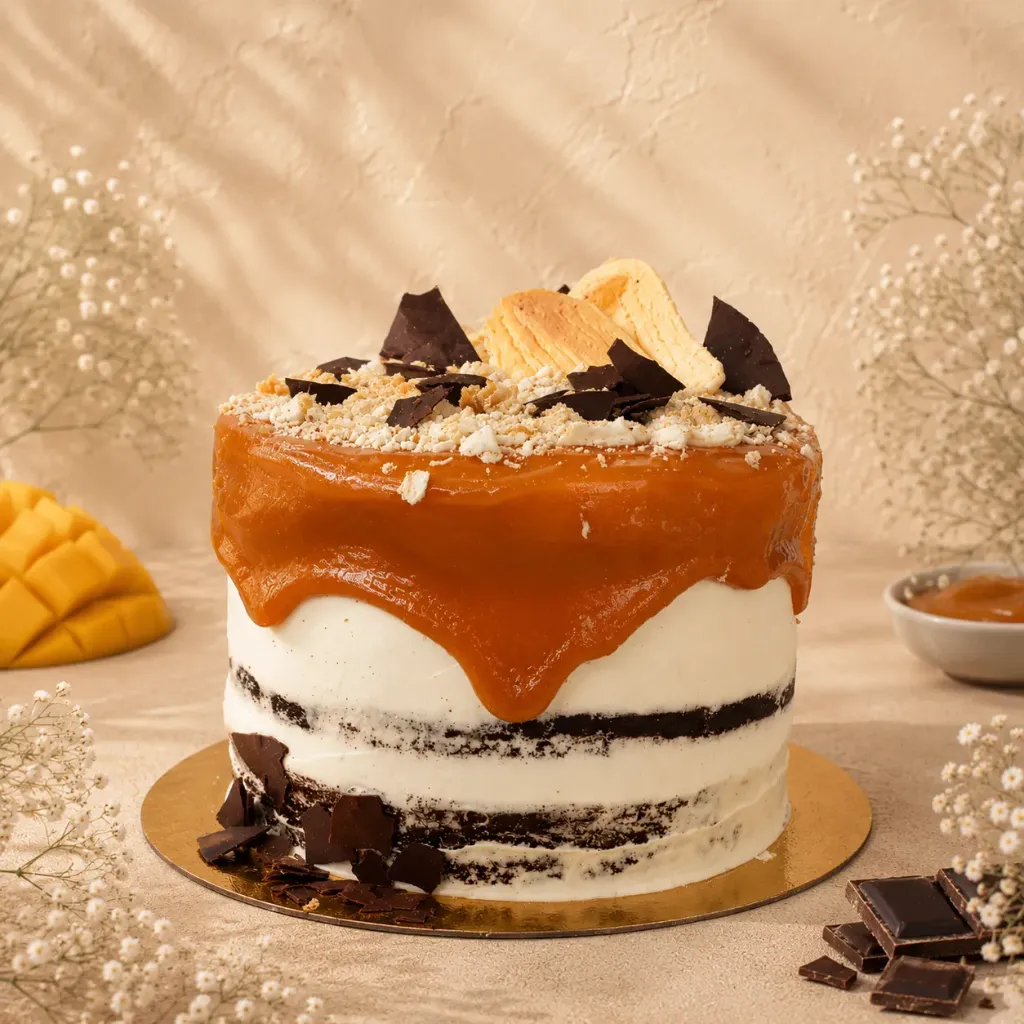 Tarta de Chocolate, mousse de mango y caramelo  (8-10 personas, Con gluten, Con lactosa)