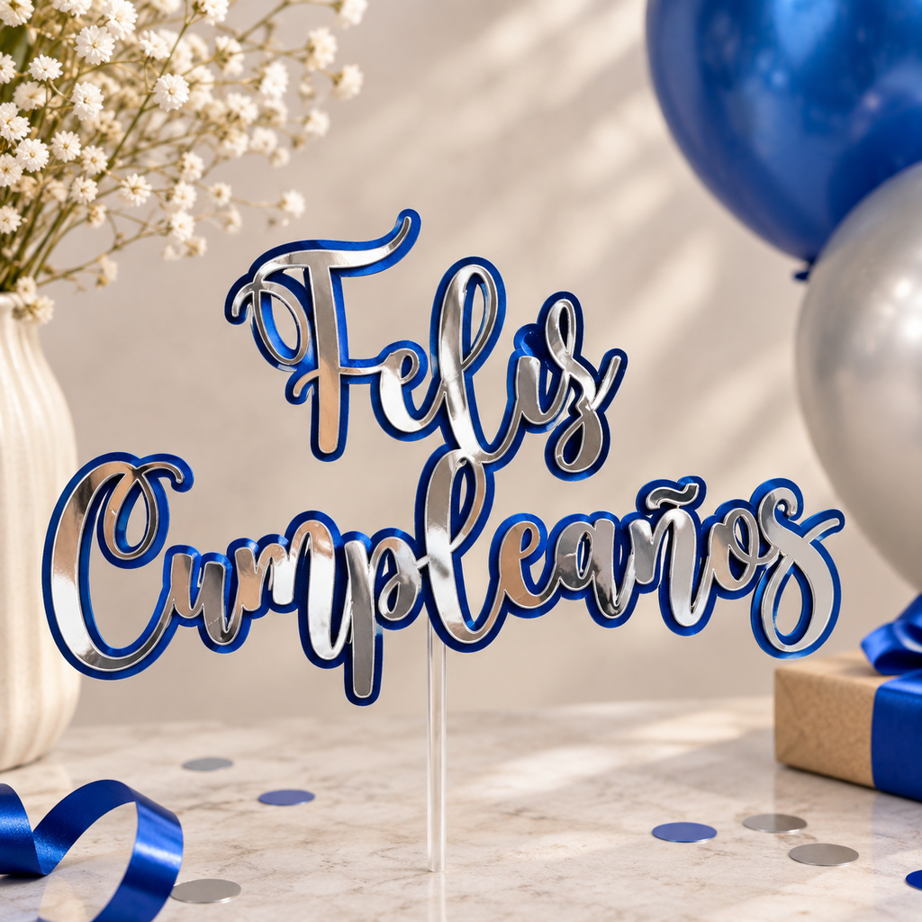 Topper Feliz Cumpleaños Plata y Azul