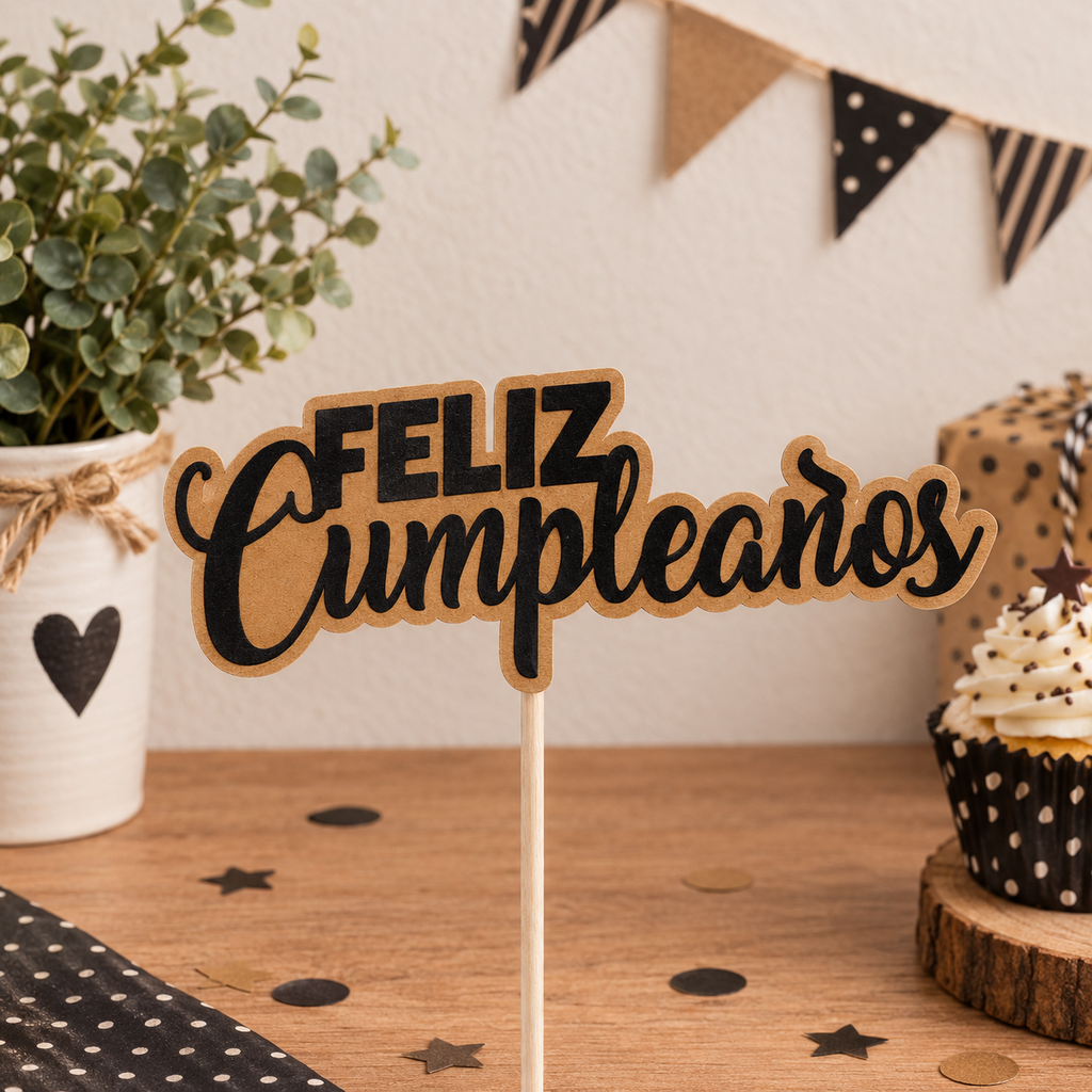 Topper Feliz Cumpleaños marrón y negro