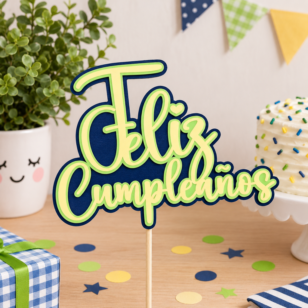 Topper Feliz Cumpleaños amarillo, verde y azul